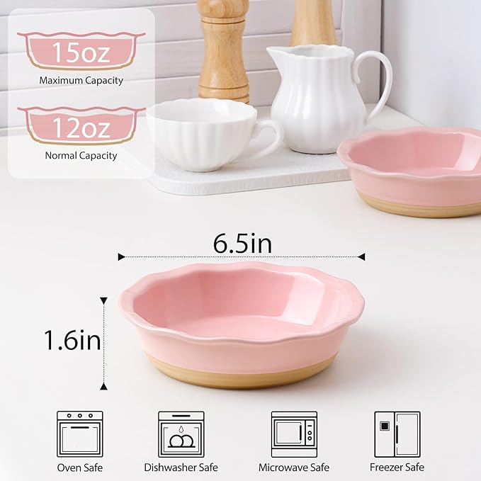 NUTRIUPS Small Pie Pans Set of 2, 6.5 Inch Ceramic Mini Pot Pie Baking Dishes, Oven Safe (6.5in, Pink, 2PCS)