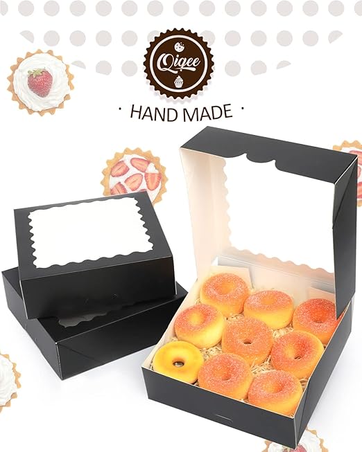 qiqee Auto-pop Up Black Pie Boxes with Window 10x10x2.5 inch 20Packs Cookie Donut Bakery Box