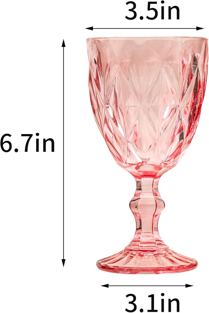 24 Pcs Vintage Wine Glasses, 10 Ounce Colored Glass Water Goblets, Unique Embossed Pattern High Clear Stemmed Glassware Wedding Party Bar Glass Drinking Cups Fancy Wine Glasses Pink Set of 24