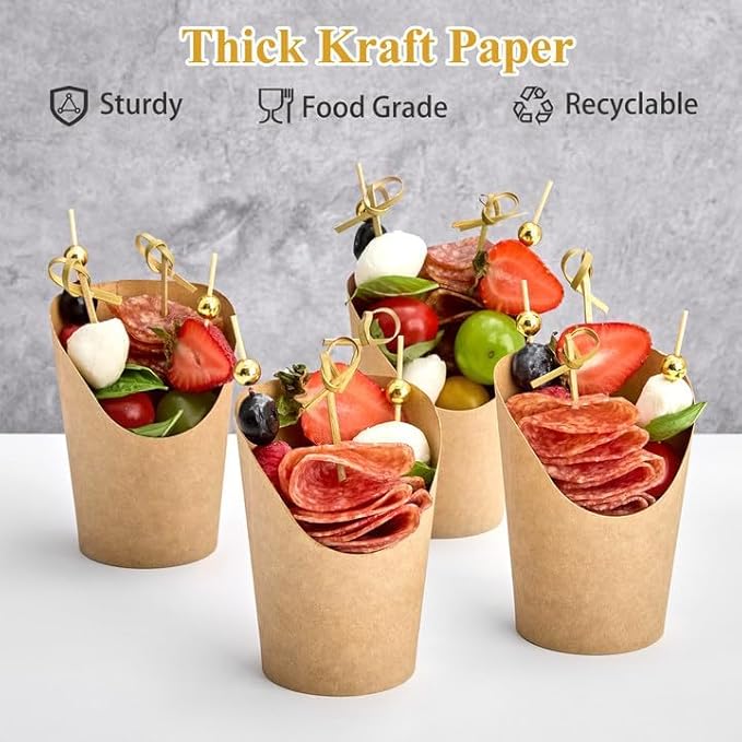 100 Sets 8 oz Small Charcuterie Cups with Sticks, Disposable Kraft Paper Charcuterie Boxes French Fry Holder Individual Appetizer Serving Cup (100 Cups + 400 Cocktail Picks)