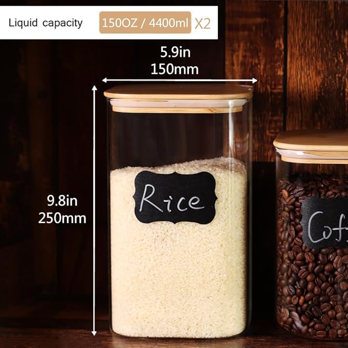 2 Pack 150 oz Glass Food Storage Containers, 1.2 Gallon Glass Flour and Sugar Containers with Airtight Lids, Large Flour Container for Sugar, Ground Coffee, Rice and Dry Food