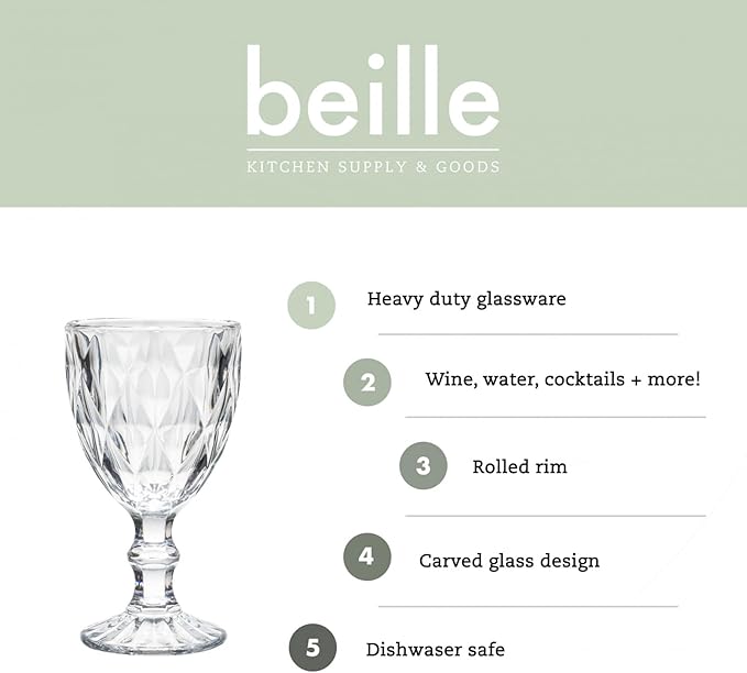Beille Set of 6 Clear Carved Goblet Water Glasses Home Decor Entertaining Essentials Glassware, 10oz