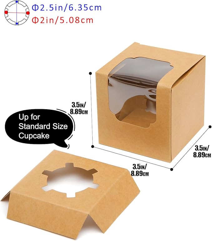 Bakepacker Auto-pop up Cupcake Boxes 30-Packs Individual Cupcake Container Brown 3.5" x 3.5" x 3.5" Single Cupcake Boxes