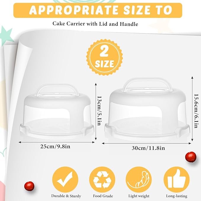 Baderke 2 Pcs Cake Carrier with Lid 10''/ 8'' Cake Holder Plastic Stand with Lid Handle Round Container Portable Carrier with Cover Boxes for Cupcake Pie Serving Transport(White)