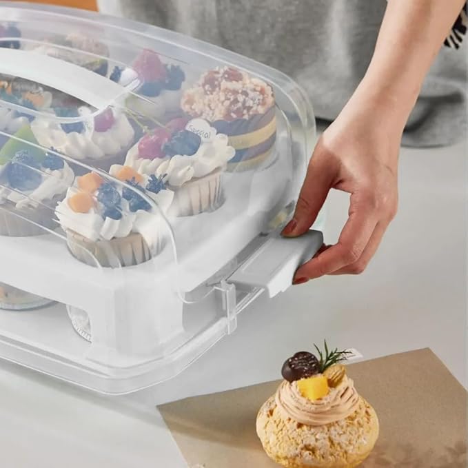 Cupcake Carrier, EXTRA LARGE LID, White Cupcake Holder Carries 24 Standard-Size Cupcakes, Muffin Traveler Two Tier Stand Reusable Cupcake Box