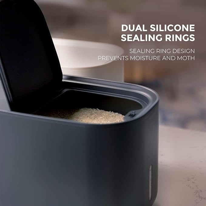 Zuutii Rice Storage Container,Food Container, Dry Food Storage, Pet Food Dispenser, 11lbs/6.9Qt Large Storage Bin with Lid,Silicone Ring & Moisture Proof, for Grain Cereal Soybean Corn, Dark Gray