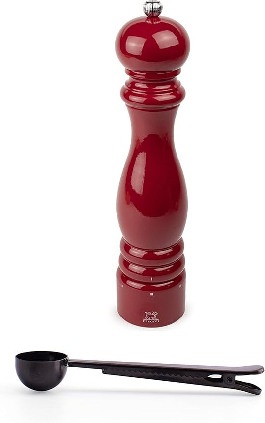 Peugeot Paris u'Select 12-inch Pepper Mill Gift Set, Passion Red - With Stainless Steel Spice Scoop/Bag Clip (Pepper Mill w/Scoop)