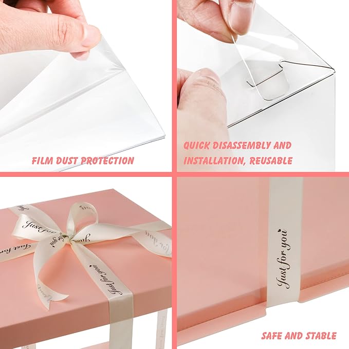 4 Pack Clear Cake Box Carrier 10" X 10" X 9" Cake Packaging Container with Ribbon Transparent Boxes with Lid Gift Package for Birthday Wedding Party, Pink