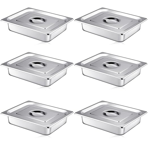 Mifoci Stainless Steam Hotel Pan with Lid, 2-1/2 Inch Deep Steam Table Pan Restaurant Supplies Reusable Anti Rust Catering Storage for Home, Party, Restaurant, Hotel, Buffet(6 Sets,1/2 Size)
