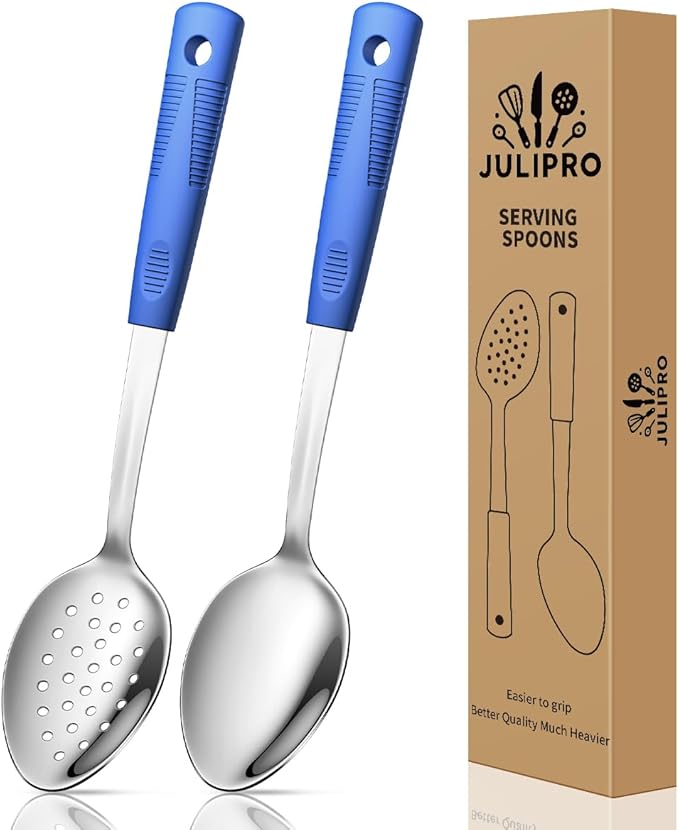 2-Piece,Stainless Steel Serving spoons set with Slotted Spoon.Serving Spoon and Perforated Spoon, kitchen cooking serving utensils set cooking spoon-blue