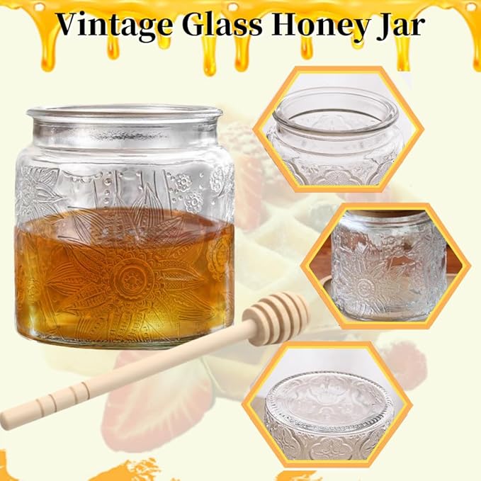 ANSQU Honey Pot, Airtight Glass Honey Jar with Bamboo Lid and Dipper Stick, Honey Container for Storing Honey, Jam Mason Jar for Home Kitchen, 17oz (Sunflower,1 Pack)