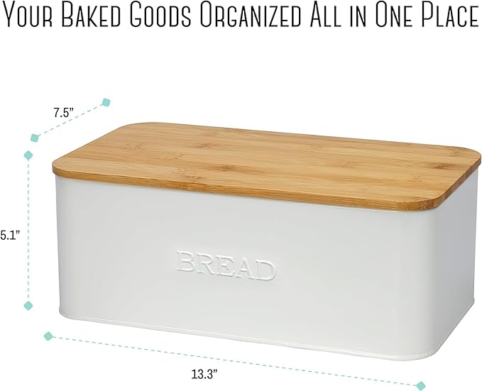 White Bread Box for Kitchen Countertop, Small Storage Container with Bamboo Lid, Modern Kitchen Organizer for Sourdough, Buns, and Loaves, Bread Storage with Cutting Board Lid