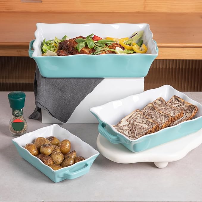 Sweejar Casserole Dishes for Oven, Ceramic Bakeware Set of 3, Rectangular Baking dish with Handles, Wave Edge Lasagna Pan Deep for Cooking, Cake, Dinner, Banquet and Daily Use (Turquoise)