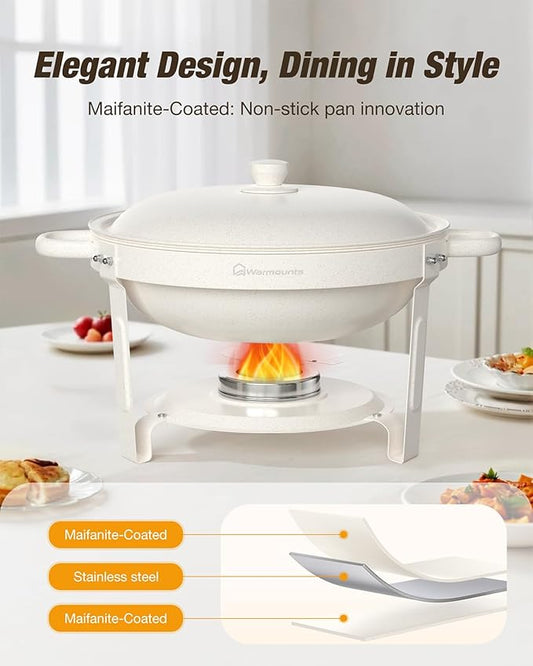White Chafing Dishes for Buffet (5QT, 4Pack), Maifanite-Coated Round Chafers and Buffet Warmers Set w/Mirror-Polished Stainless Steel, Rolled Rim, Stackable, Lid Holder for Party, Wedding