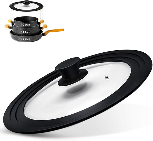 Universal Lid for Pots, Pans and Skillets, Pot Lid With Heat Resistant Silicone Rim and Tempered Glass,Fits 10", 11", 12" Diameter Pots and Pans