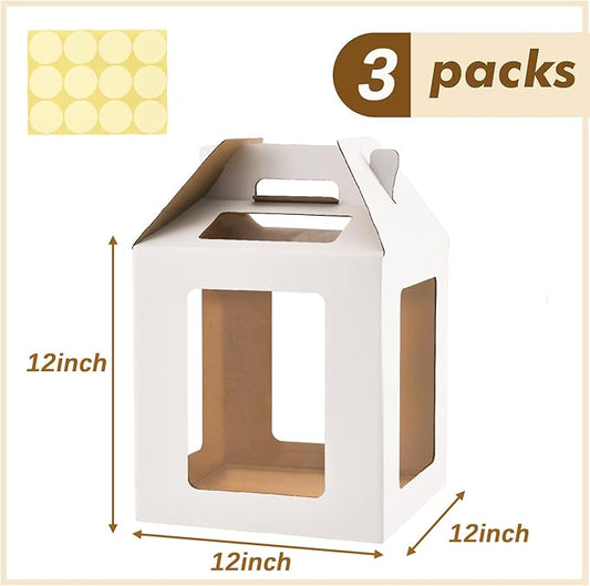 Tall Cake Boxes 6 Windows with handle,12x12x12 Tall Cake Carrier, Tiered Cake Box, Square cake box,largeTake Out Transport Containers Ideal for 10" & 12" Tiered Cakes (3Pack-White)