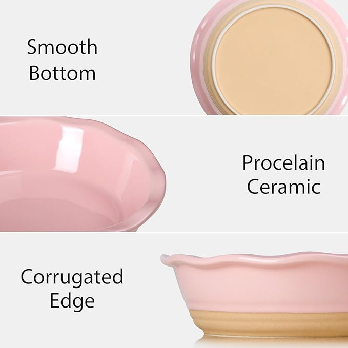 NUTRIUPS Small Pie Pans Set of 2, 6.5 Inch Ceramic Mini Pot Pie Baking Dishes, Oven Safe (6.5in, Pink, 2PCS)