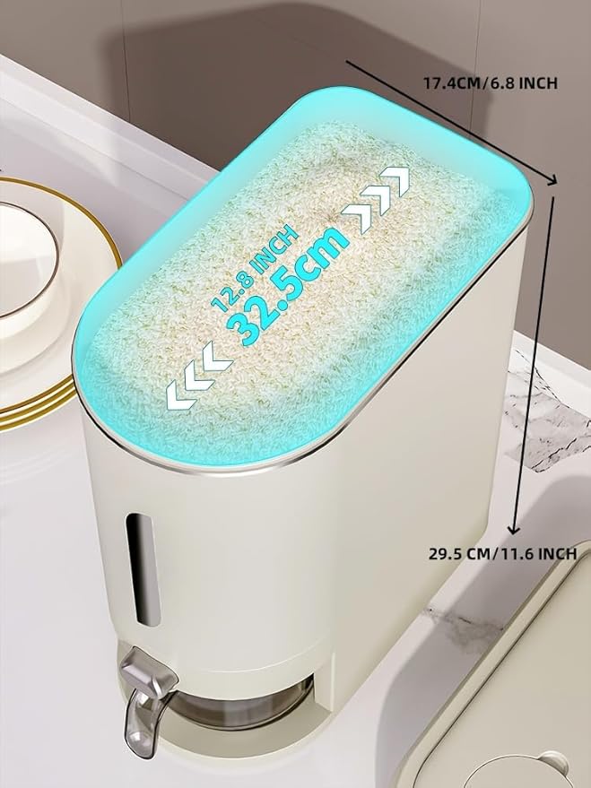 Rice Dispenser Cereal Dry Food Storage Containers with Measuring Cup and Water Filter Cover,Moisture Proof Airtight Food Dispenser Bucket for Rice,Corn,Coffee Bean,Grain,Soybean and Oatmeal,White,12LB