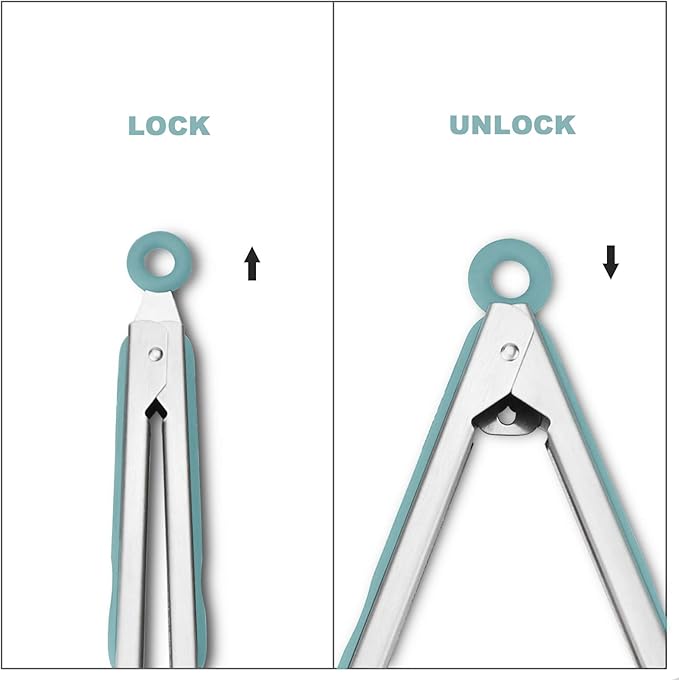 304 Stainless Steel Kitchen Cooking Tongs, 9" and 12" Set of 2 Sturdy Grilling Barbeque Brushed Locking Food Tongs with Ergonomic Grip, Aqua Sky