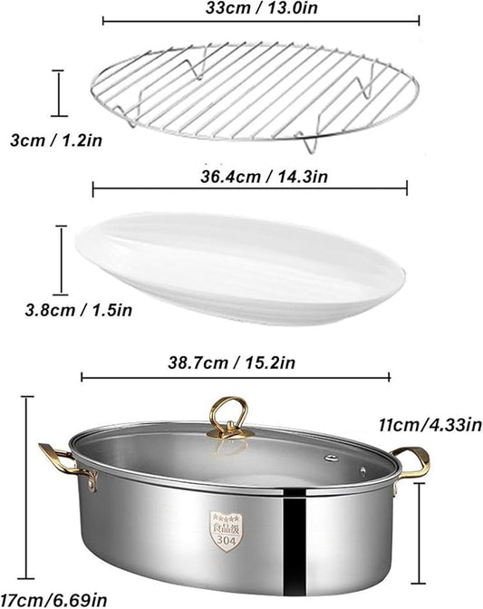 Stainless Steel Fish Poacher Pot, Oval Cookware with Glass Cover, Ceramic Plate and Steaming Rack