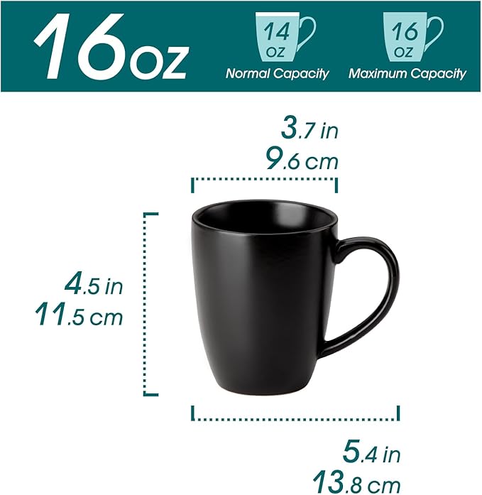 vancasso PLAYA Ceramic Coffee Mug Set of 6, 16 Oz Tea Cups with Handle for Latte, Tea, Cappuccino, Milk, Cocoa, Microwave&Dishwasher Safe, Black