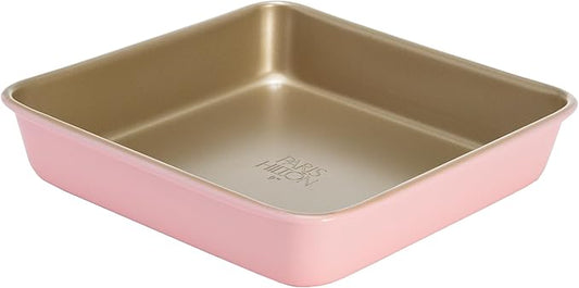 Paris Hilton Nonstick Carbon Steel Bakeware Collection, 9-Inch Square Cake Pan, Dishwasher Safe, Made without PFOA and PFAS, Pink Champagne Two-Tone