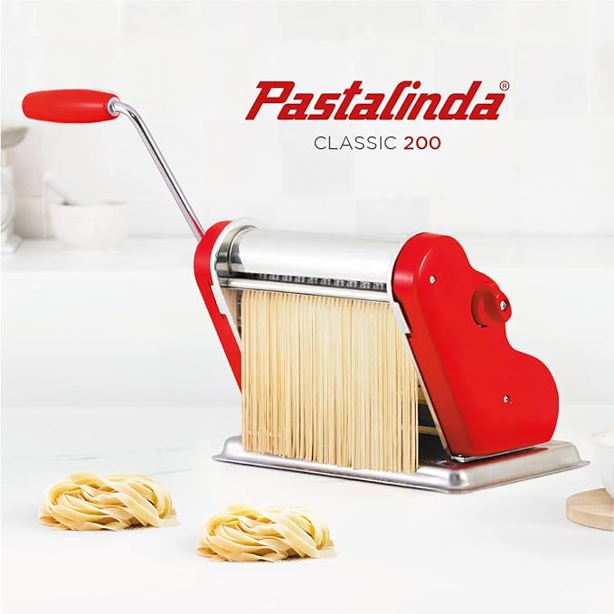 PASTALINDAClassic 200 Pasta Maker Machine, 20 cm Wide Rollers, 9 Thickness Positions, 2 Cutting Positions, Stainless Steel. Includes Reinforced Hand Crank And Two Clamps (Red)