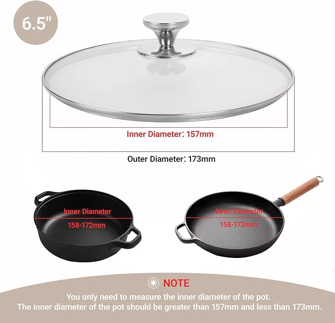 6.5 Inch Pan Lid for Frying Pan, Skillet, 4mm Clear Tempered Glass, Compatible with Dishwasher and Ovens