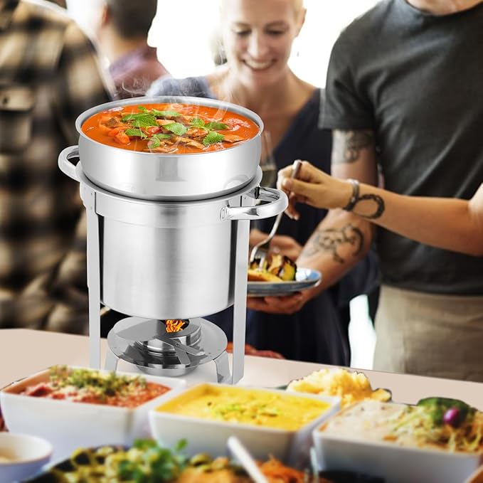 Snowtaros 7QT Soup Chafer, Stainless Steel Round Soup Warmer with Pot Lid & Fuel Holder, Commercial Soup Pot Chafing Dish for Catering, Parties, Banquets, Events (2 Pack)
