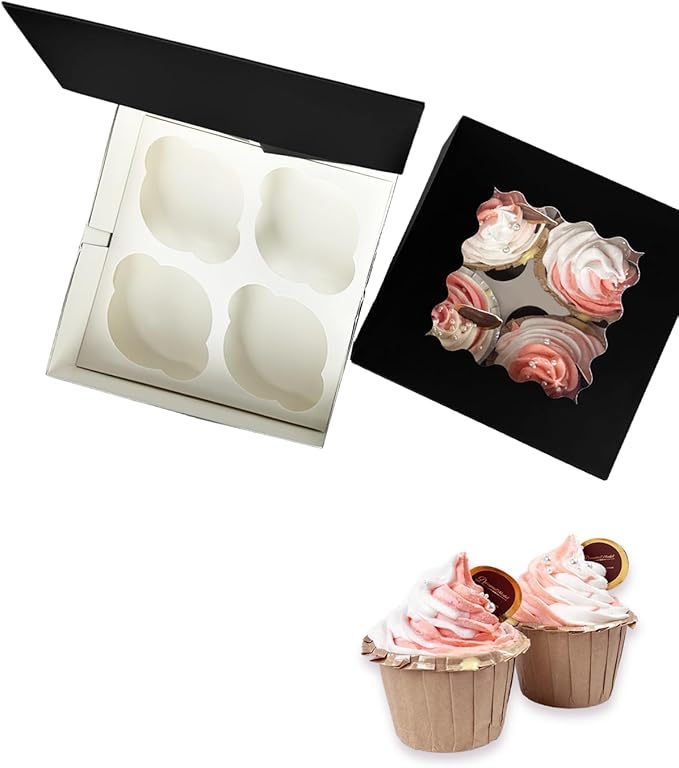 Bakepacker Auto-pop up 4 Cupcake Boxes with Window 20 Count Black Box 6.3 x 6.3 x 3inch Cupcake Carrier