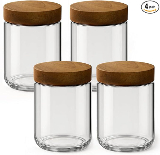 16oz 4 Pack Overnight Oats Containers with Lids, Glass Mason Jars with Acacia Wood Airtight Lids, Wide Mouth Meal Prep Storage Jars for Yogurt, Chia Pudding, Salad, Parfait, Snacks, Spice