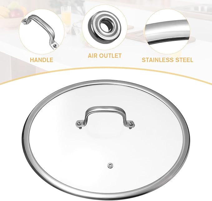 Luxshiny 13-Inch Tempered Glass Pot Lid with Handle - Universal for Frying Pans, Cast Iron Skillets, and Pots - Heat-Resistant Glass with Stainless Steel Edges for Clear Cooking Visibility