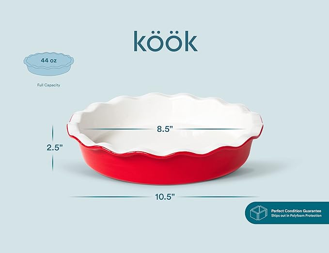 KooK Deep Dish Pie, Pecan Dessert Dish, Porcelain, Ceramic, Deep Dish Plate 10 Inch, Apple Pie, Ruffled Wave Edge, Reusable Round Pan, Oven and Dishwasher Safe, 44 Oz, (Cherry)