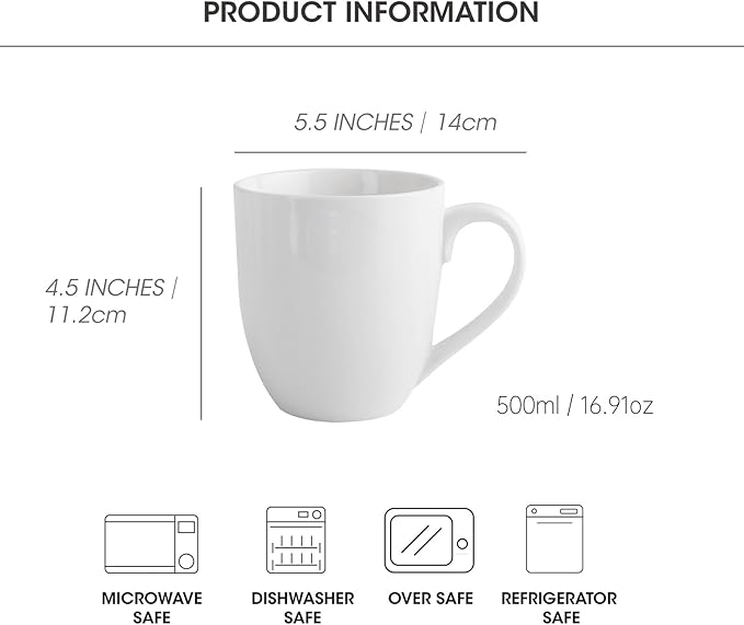 Coffee Mugs Set of 6, 16Oz Large Ceramic Mugs with Comfort Grip, White Porcelain Coffee Cups for Cocoa, Latte, Hot Tea, Cappuccino, Mocha, Milk, Dishwasher Safe, 5.5 x 4.5 inch