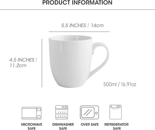 Coffee Mugs Set of 6, 16Oz Large Ceramic Mugs with Comfort Grip, White Porcelain Coffee Cups for Cocoa, Latte, Hot Tea, Cappuccino, Mocha, Milk, Dishwasher Safe, 5.5 x 4.5 inch