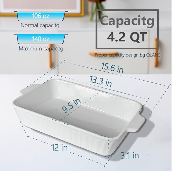 Qlans Casserole Dish, 9x13 Ceramic Baking Dish, Large Lasagna Pan Deep for Oven, 4.2 Quarts Baking Pan with Handles, For baking cake in the kitchen,Mother's Day Gifts, White