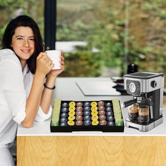 K Cup Holder Bamboo Coffee Pod Holder Drawer Organizer, Expandable K Cup Pod Storage Tea Bag Storage for Coffee Station Home Office and Kitchen （Black