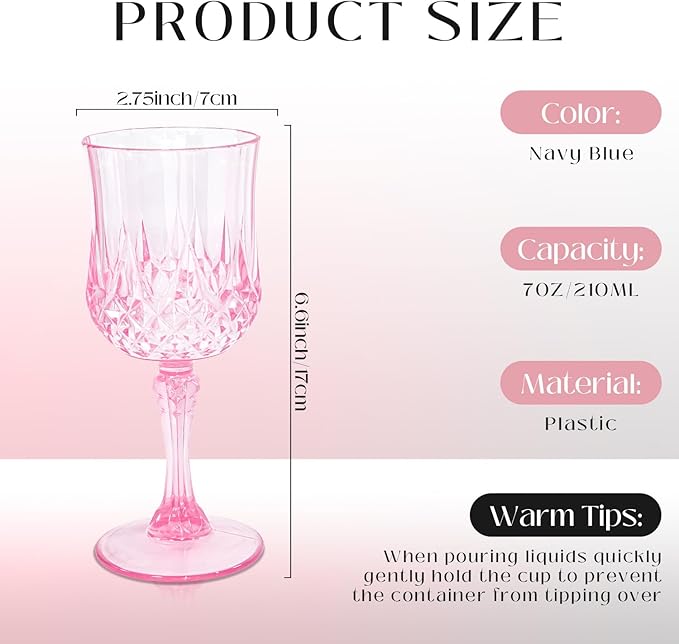 24 PCS Plastic Pink Wine Glasses Goblets Pink Vintage Wine Glasses, Reusable Drinkware Vintage Champagne, Plastic Goblets for Parties for Wedding Reception Grand Event Party, 7oz