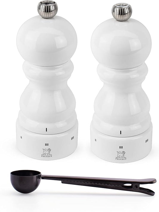 Peugeot Paris u'Select 6 Setting Manual Salt & Pepper Mill Set With Black Stainless Steel Spice Scoop Made In France (White Lacquered, 5- Inch)
