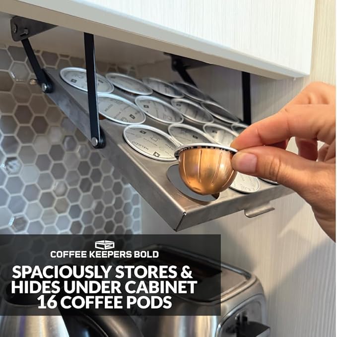 16 Pod - Under Cabinet Coffee Capsule and pod Holder – Space-Saving Hinge Hanging, Magnet Steel Construction Organizer for Small Spaces – Black