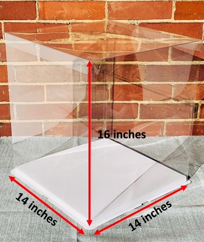Sweet Degrees Clear Plastic Cake Box 14"x14"x16" | Ribbon Included | Tall Square Cake Carrier with Lid | Reusable Display Container for Tiered Cakes | Ideal for Weddings, Events, and Bakeries