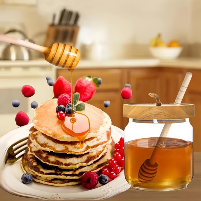 ANSQU 15oz Honey Pot, Airtight Glass Honey Jar with Wooden Lid and Dipper Stick, Honey Container for Storing Honey, Jam Mason Jar for Home Kitchen