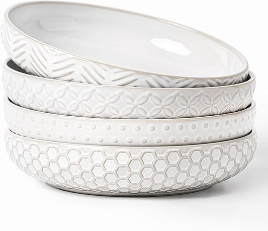 Embossed Ceramic Pasta Bowls, 42 oz Bowl Plates Set,9-Inch Large Serving Bowls Set of 4, Perfect for Pasta, Salad, Fruit, Sturdy&Stackable, Microwave & Dishwasher Safe