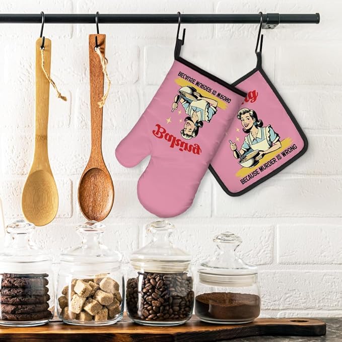 Baking Because Murder is Wrong Funny Oven Mitts and Pot Holders Set, Vintage Baking Kitchen Gadgets, Sarcastic Baking Gifts for Women Chef Hostess Mom Sister BFF Baking Lovers