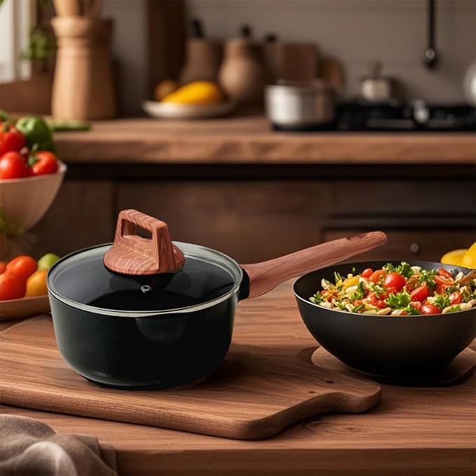 2 Quart Nonstick Sauce Pan with Lid, Nonstick Saucepan with Pour Spout, Small Pots for Cooking with Handle for All Cookers, Stove, Induction, Gas, Non Toxic (Granite, Black)