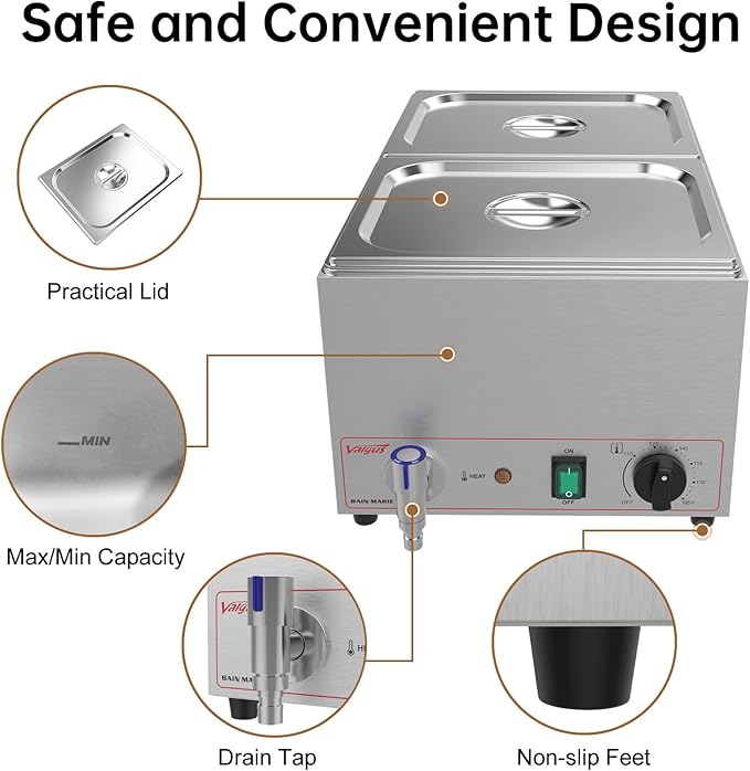 Valgus Commercial Grade Stainless Steel 2 Sections 19 Qt Bain Marie Buffet Food Warmer Steam Table with Lid and Tap for Home and Restaurants