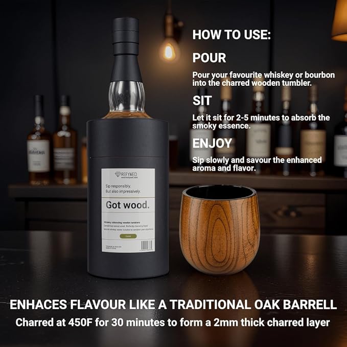 Whiskey Enhancing Charred Wooden Tumbler 2 Set, Chilling Stones & Cocktail eBook | Bourbon Drinking Glass Bourbon Gifts for Men | Wooden Old Fashioned Glass | Gifts for Men Who Have Everything