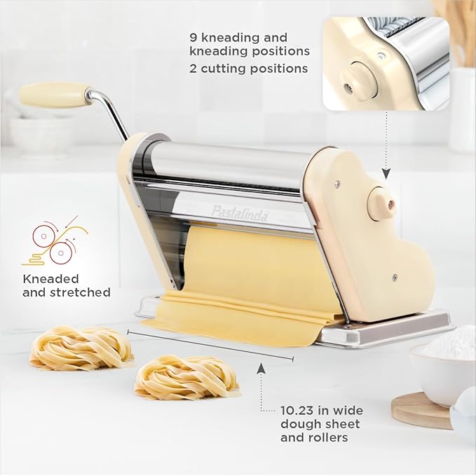 PASTALINDA Classic 260 Pasta Maker Machine, 26 cm Wide Rollers, 9 Thickness Positions, 2 Cutting Positions, Stainless Steel. Includes Reinforced Hand Crank And Two Clamps (Cream)