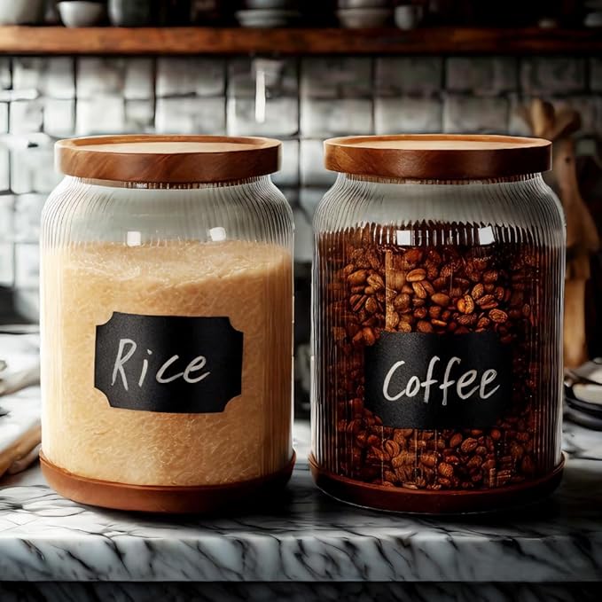 SAIOOL 2-Pack Striped Borosilicate Glass Airtight Canisters - Big mouth Large Capacity, Acacia Wood Lid, Food Storage Jars for Flour, Pasta, Pantry Organization (3/4 Gallon （2 Striped pack）)