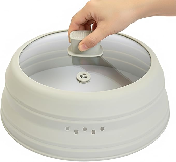 Microwave Splatter Cover Glass Microwave Cover for Food Collapsible Splatter Guard Lid with Silicone Handle for Pot Plate Bowl 9.8 Inch Gray